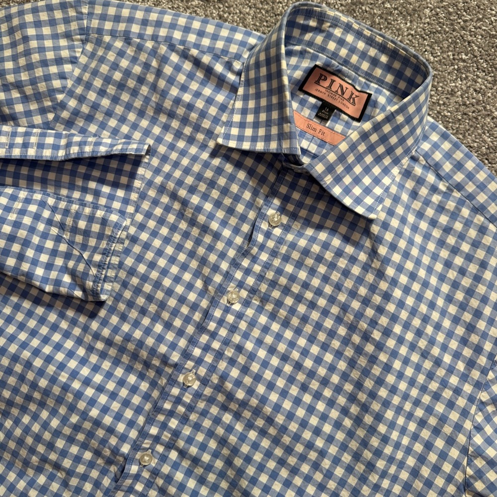 Thomas Pink Dress Shirt Mens 16 Blue Gingham Cotton Slim Fit French Cuff Luxury